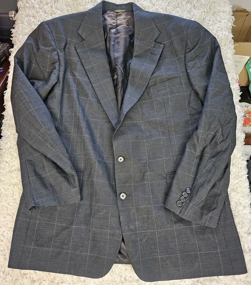 Vintage Bespoke Couture The Hub Ltd Wool Plaid Blazer Sport Coat Gray 44L USA